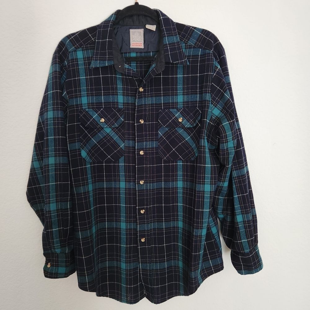 Outdoor Exchange Mens Plaid Turqoise & Black Button Front Shirt Size Large